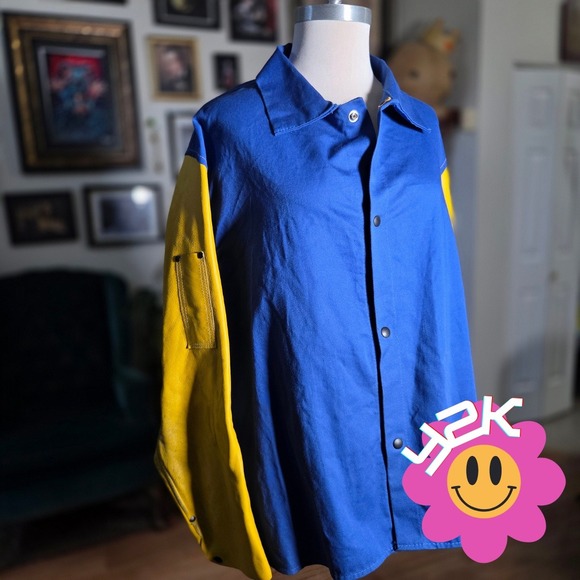Tillman Other - Vintage Y2K Tillman Jacket Blue Cotton Yellow Leather Sleeves Welding Shirt Mens